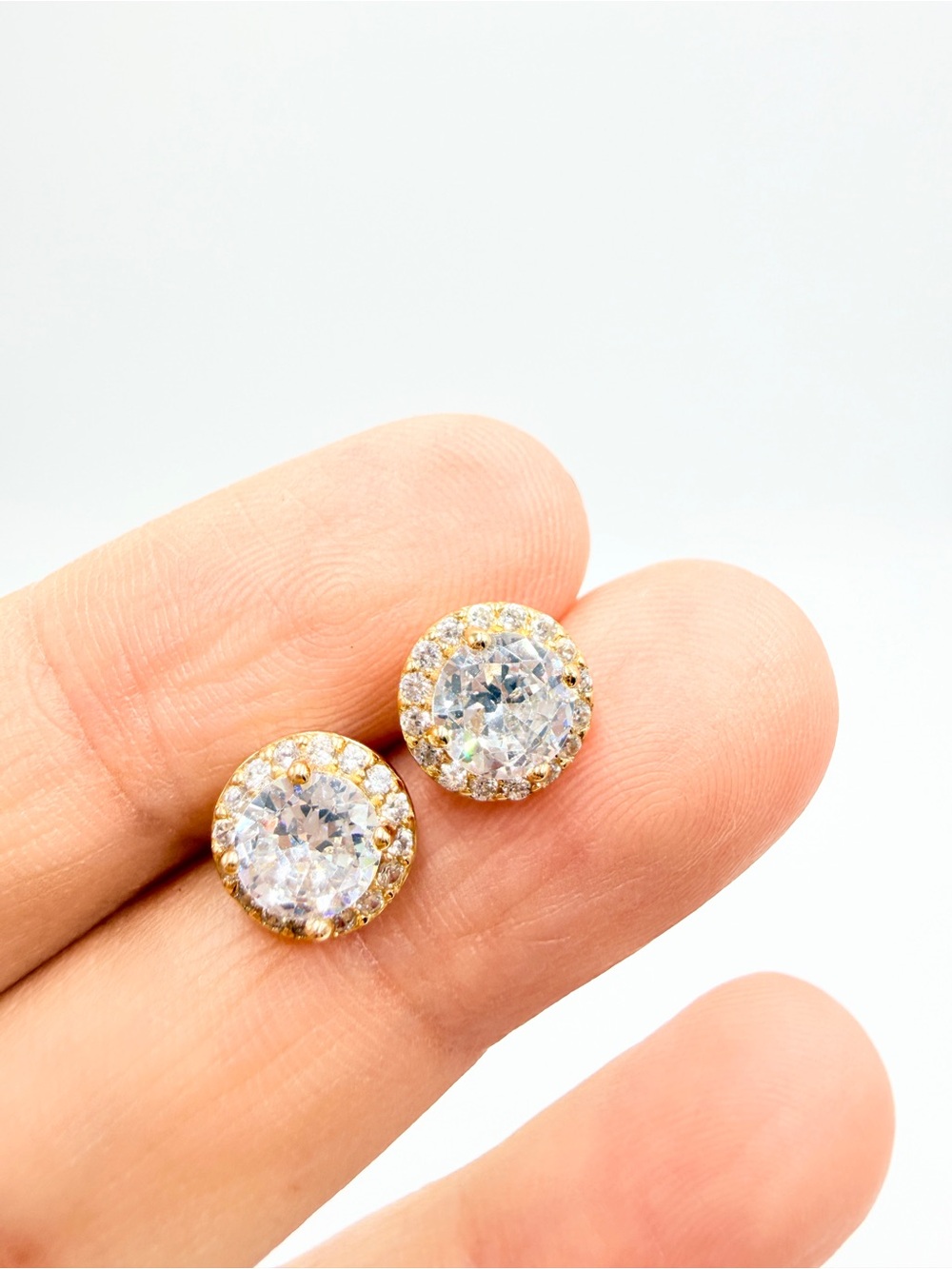 Gold-Tone Halo CZ Stud Earrings – Round Sparkling Studs